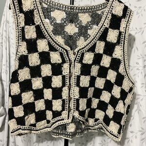 SHEIN Black & Cream Crochet Checkerboard Tank Vest